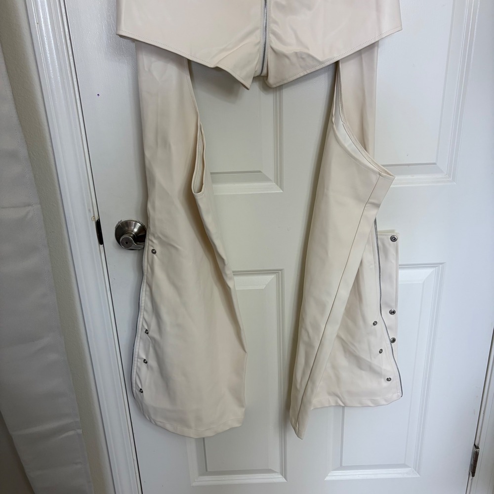 Cream Faux Leather 3 Piece Festival Set Corset Top Shorts and Chaps Cream - Picture 6 of 8